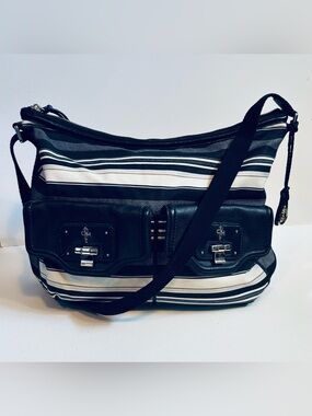 Cole Haan Striped Black and White Crossbody Canvas Leather Cargo Hobo Bag NWT